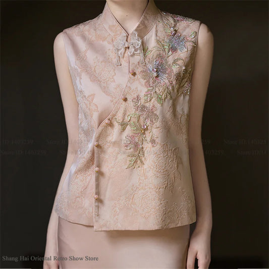New Chinese Style Women Costume Vest Qipao Set Retro Jacquard Embroidery Tang Costume Silky Satin Waistcoat Dress Evening Dress