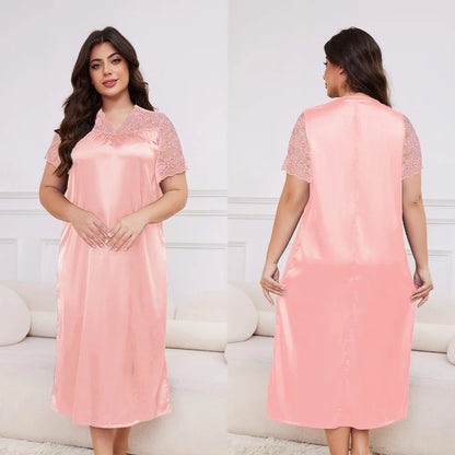 Large Size 3XL 4XL 5XL Long Nightgown Spring Summer New Female Sleepwear Loungewear Sexy Frill Lace Nightdress Ice Silk Homewear
