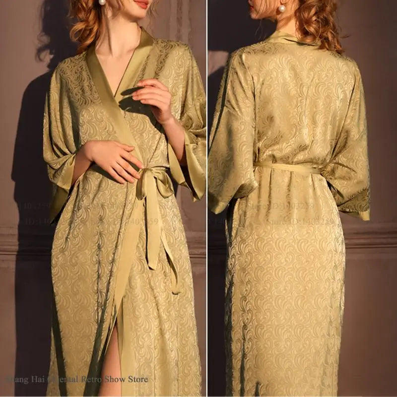 Luxury Jacquard Long Robe Nightgown Women Half Sleeve Kimono Bathrobe Gown Satin Ice Silk Sleepwear Sexy Home Dress Lounge Wear