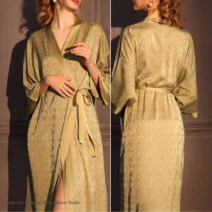 Luxury Jacquard Long Robe Nightgown Women Half Sleeve Kimono Bathrobe Gown Satin Ice Silk Sleepwear Sexy Home Dress Lounge Wear