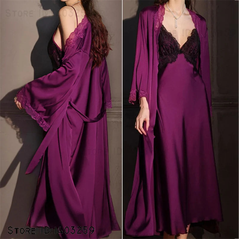 Sexy Female Long Robe Nightgown Set Kimono Bathrobe Gown Patchwork Lace Suspender Night Dress Sleepwear Loose Satin Homewear