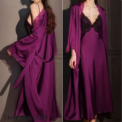 Sexy Female Long Robe Nightgown Set Kimono Bathrobe Gown Patchwork Lace Suspender Night Dress Sleepwear Loose Satin Homewear