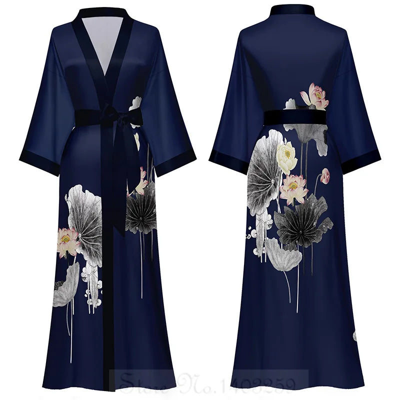 Female Long Robe Chinese Style Print Flower Sleepwear Nightgown Half Sleeve Kimono Bathrobe Gown Loose Casual Satin Home Wear
