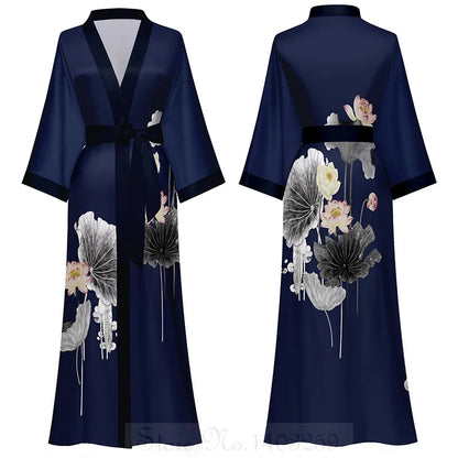 Female Long Robe Chinese Style Print Flower Sleepwear Nightgown Half Sleeve Kimono Bathrobe Gown Loose Casual Satin Home Wear