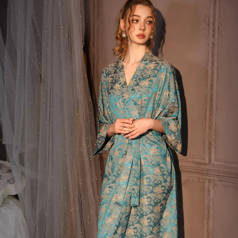 Luxury Jacquard Long Robe Nightgown Women Half Sleeve Kimono Bathrobe Gown Satin Ice Silk Sleepwear Sexy Home Dress Lounge Wear