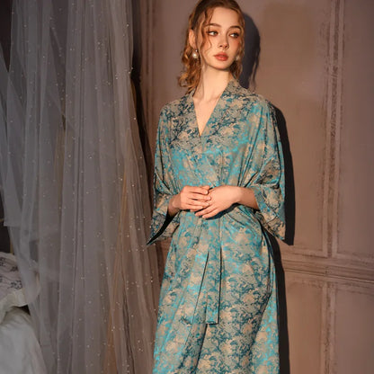 Luxury Jacquard Long Robe Nightgown Women Half Sleeve Kimono Bathrobe Gown Satin Ice Silk Sleepwear Sexy Home Dress Lounge Wear