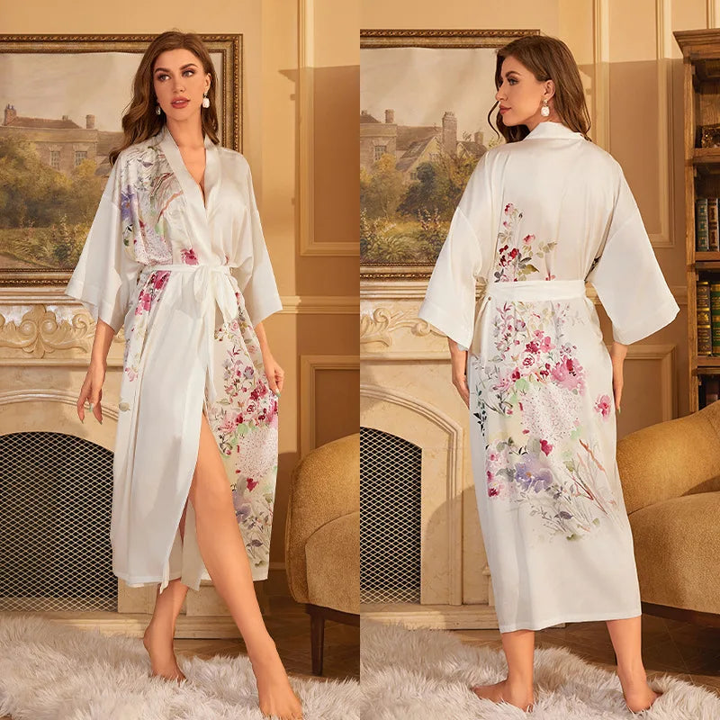 Female Long Robe Chinese Style Print Flower Sleepwear Nightgown Half Sleeve Kimono Bathrobe Gown Loose Casual Satin Home Wear