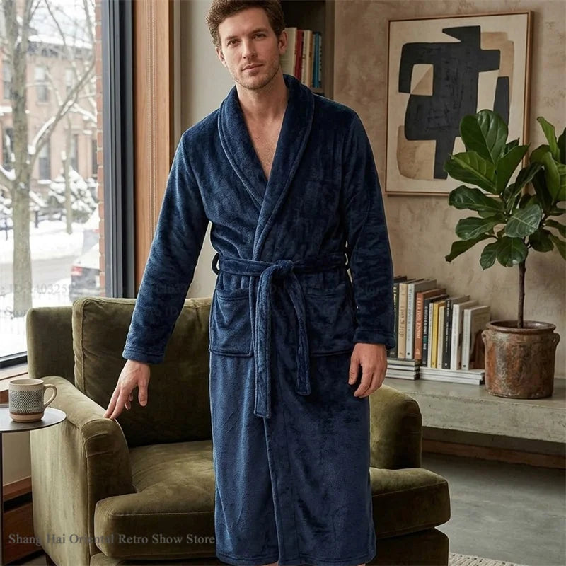 Thicken Flannel Men's Robe Kimono Gown Autumn Winter New Sleepwear Home Clothes Green Loose Coral Fleece Loungewear Bathrobe