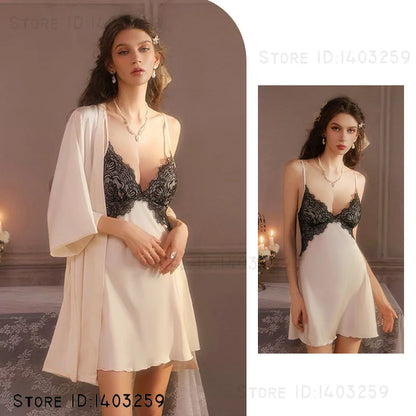 Sexy Female Long Robe Nightgown Set Kimono Bathrobe Gown Patchwork Lace Suspender Night Dress Sleepwear Loose Satin Homewear