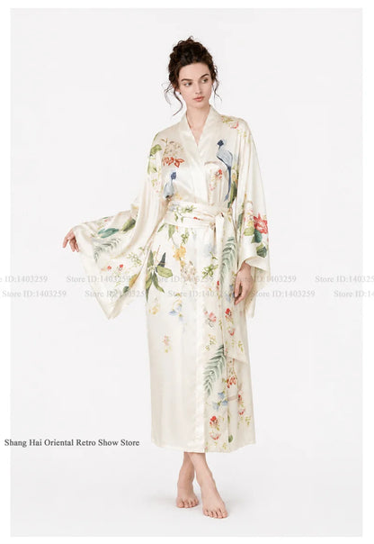 Print Flower Female Long Robe Big Sleeve Kimono Bathrobe Gown Spring Summer Silk Satin Sleepwear Night Dress Loose Homewear