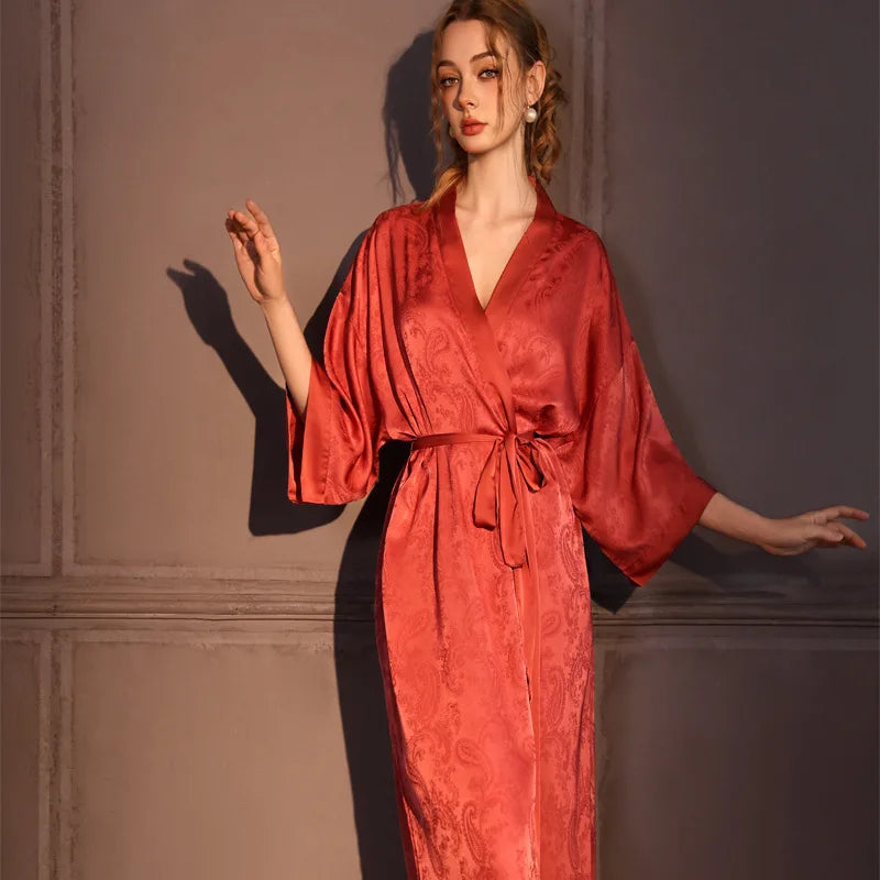 Luxury Jacquard Long Robe Nightgown Women Half Sleeve Kimono Bathrobe Gown Satin Ice Silk Sleepwear Sexy Home Dress Lounge Wear