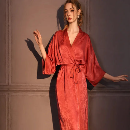 Luxury Jacquard Long Robe Nightgown Women Half Sleeve Kimono Bathrobe Gown Satin Ice Silk Sleepwear Sexy Home Dress Lounge Wear