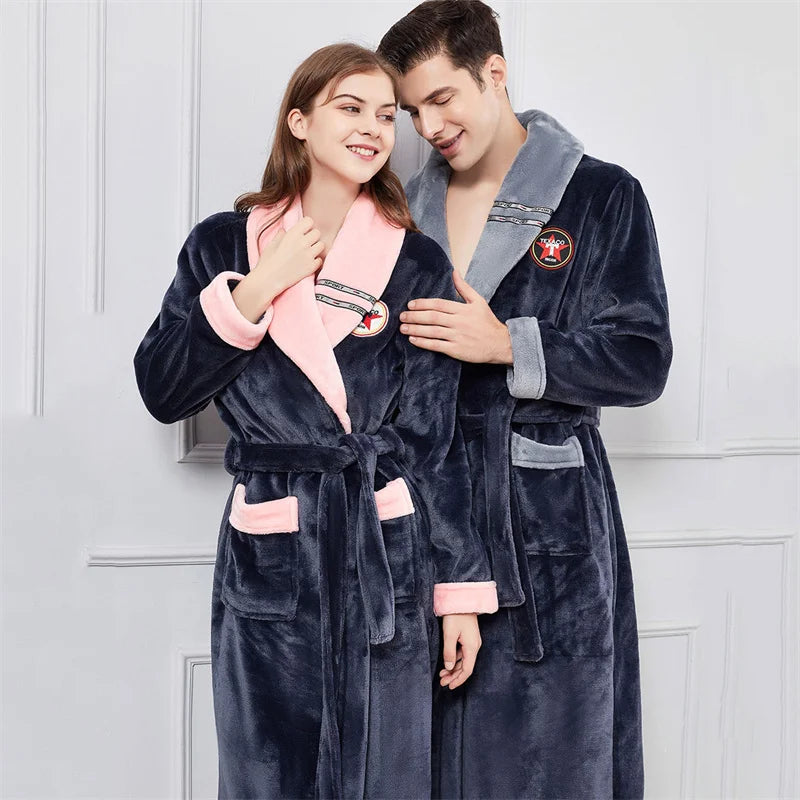 Plus Size 3XL 4XL Couple Flannel Robe Kimono Bathrobe Gown Thickened Coral Fleece Sleepwear Female Long Nightgown Loose Homewear