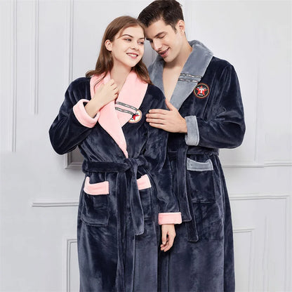 Plus Size 3XL 4XL Couple Flannel Robe Kimono Bathrobe Gown Thickened Coral Fleece Sleepwear Female Long Nightgown Loose Homewear