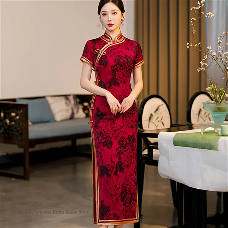 Traditional Chinese Long Cheongsam Plus Size Print Flower Chinese Dress Sexy Slim Split Qipao Novelty Party Evening Party Dress