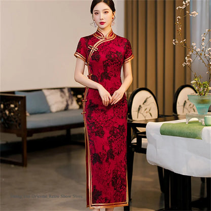 Traditional Chinese Long Cheongsam Plus Size Print Flower Chinese Dress Sexy Slim Split Qipao Novelty Party Evening Party Dress