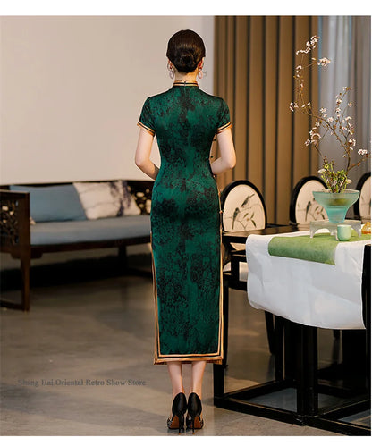 Traditional Chinese Long Cheongsam Plus Size Print Flower Chinese Dress Sexy Slim Split Qipao Novelty Party Evening Party Dress