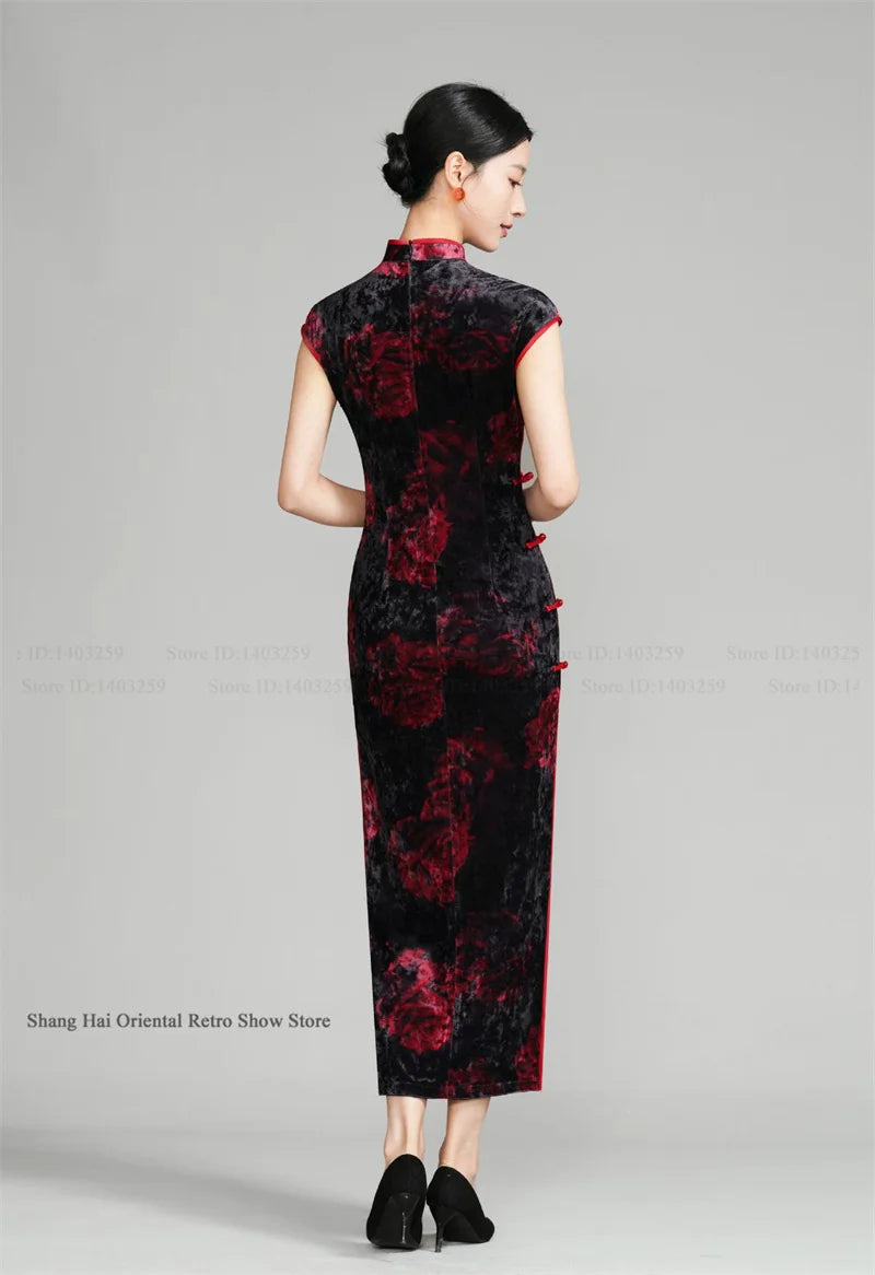 Vintage Women Velvet Cheongsam Improved Plus Size Dress Chinese Traditional Evening Dresses Female Sexy Long Qipao Costume 3XL