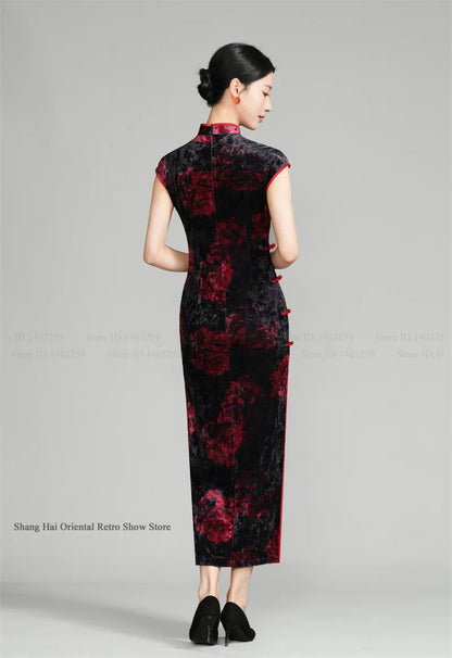 Vintage Women Velvet Cheongsam Improved Plus Size Dress Chinese Traditional Evening Dresses Female Sexy Long Qipao Costume 3XL