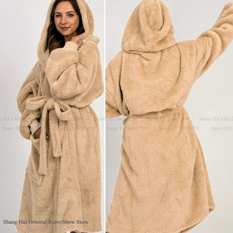 Thicken Coral Fleece Mens Hooded Long Robe Sleepwear Autumn Winter New Nightwear Homewear Loose Casual Flannel Loungewear Pajama
