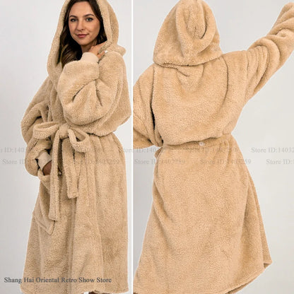 Thicken Coral Fleece Mens Hooded Long Robe Sleepwear Autumn Winter New Nightwear Homewear Loose Casual Flannel Loungewear Pajama