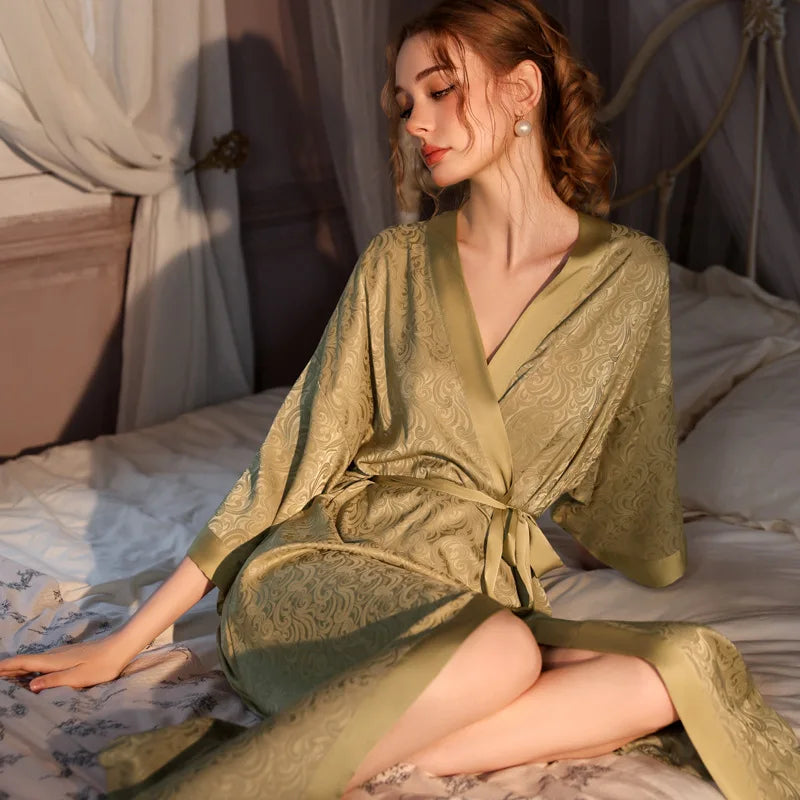 Luxury Jacquard Long Robe Nightgown Women Half Sleeve Kimono Bathrobe Gown Satin Ice Silk Sleepwear Sexy Home Dress Lounge Wear