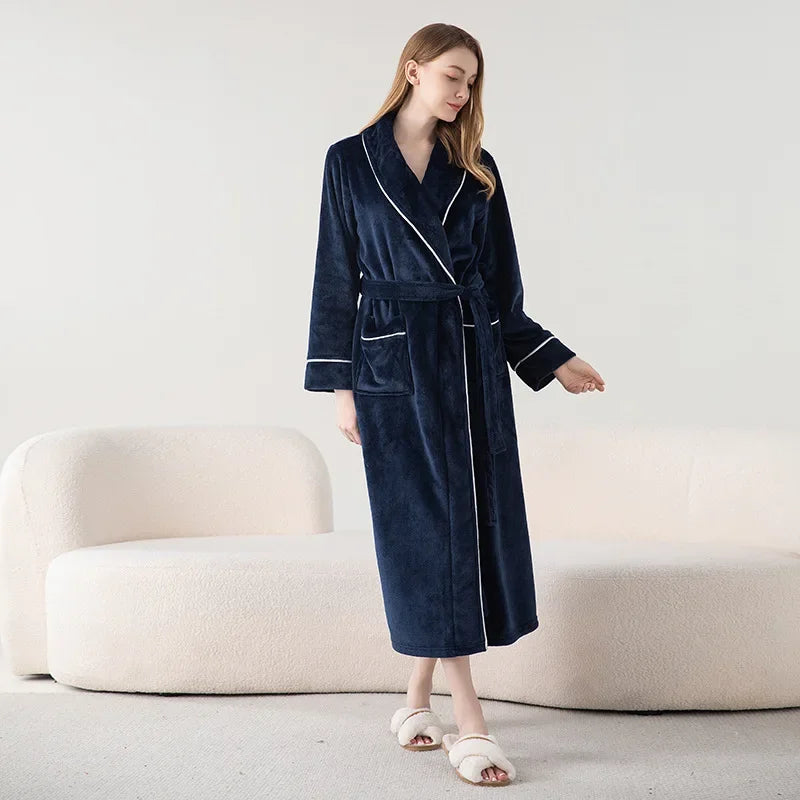 Autumn Winter Women's Sleepwear Thicken Flannel Couple Long Robe Kimono Bathrobe Gown Loungewear Loose Coral Fleece Home Wear