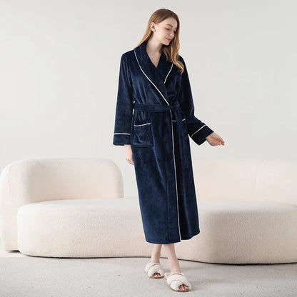 Autumn Winter Women's Sleepwear Thicken Flannel Couple Long Robe Kimono Bathrobe Gown Loungewear Loose Coral Fleece Home Wear