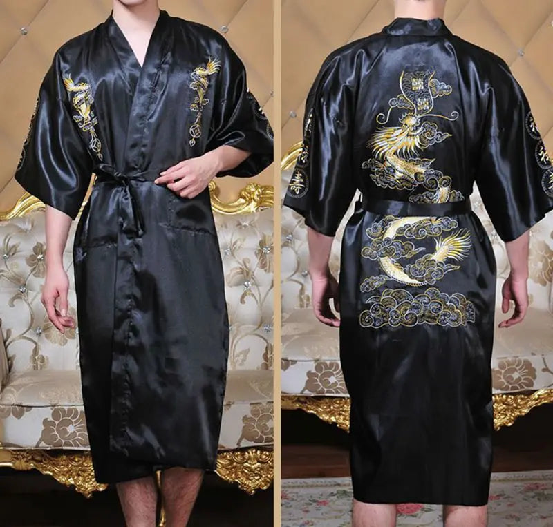 Embroider Dragon Kimono Bathrobe Gown Chinese Style Robe Classical Man Homewear Long Satin Nightgown Loose Sleepwear Loungewear
