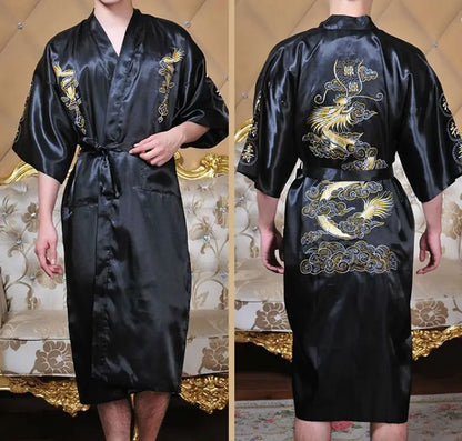 Embroider Dragon Kimono Bathrobe Gown Chinese Style Robe Classical Man Homewear Long Satin Nightgown Loose Sleepwear Loungewear
