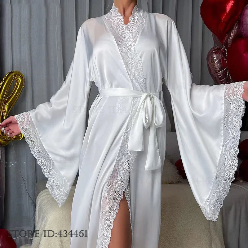 Sexy Lace Kimono Bathrobe Gown Ice Silk Women Long Robe Dress Nightgown Spring New Sleepwear Nightwear Loose Homewear Loungewear