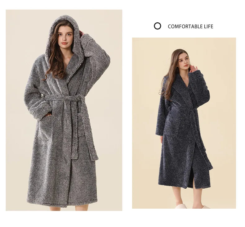 Thick Coral Fleece Coupe Hooded Bathrobe Sleepwear Autumn Winter Warm Long Robe Home Clothing Casual Flannel Loungewear Pajama