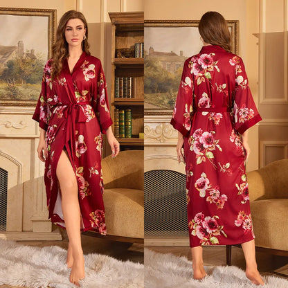 Female Long Robe Chinese Style Print Flower Sleepwear Nightgown Half Sleeve Kimono Bathrobe Gown Loose Casual Satin Home Wear
