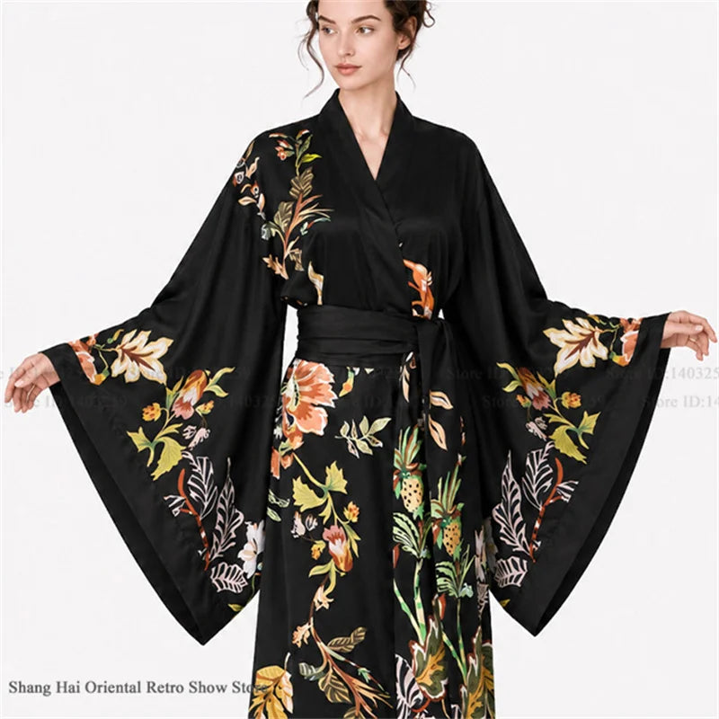 Print Flower Female Long Robe Big Sleeve Kimono Bathrobe Gown Spring Summer Silk Satin Sleepwear Night Dress Loose Homewear