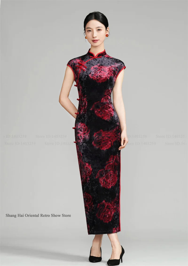 Vintage Women Velvet Cheongsam Improved Plus Size Dress Chinese Traditional Evening Dresses Female Sexy Long Qipao Costume 3XL