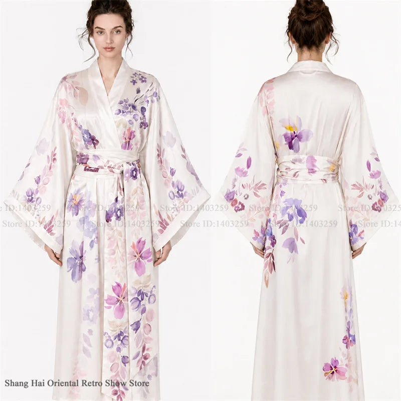 Print Flower Female Long Robe Big Sleeve Kimono Bathrobe Gown Spring Summer Silk Satin Sleepwear Night Dress Loose Homewear