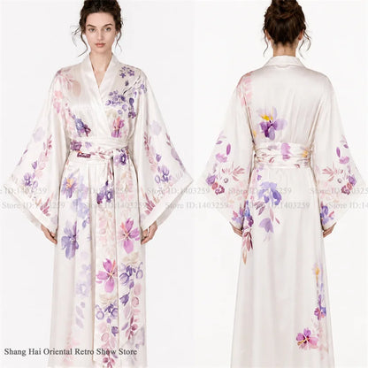 Print Flower Female Long Robe Big Sleeve Kimono Bathrobe Gown Spring Summer Silk Satin Sleepwear Night Dress Loose Homewear