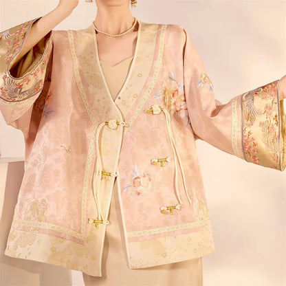 Chinese Style Tang Clothes Jacquard Embroidery Hanfu Cardigan Coat Retro V-Neck Qipao Top Jacket Spring Summer Women's Outwear