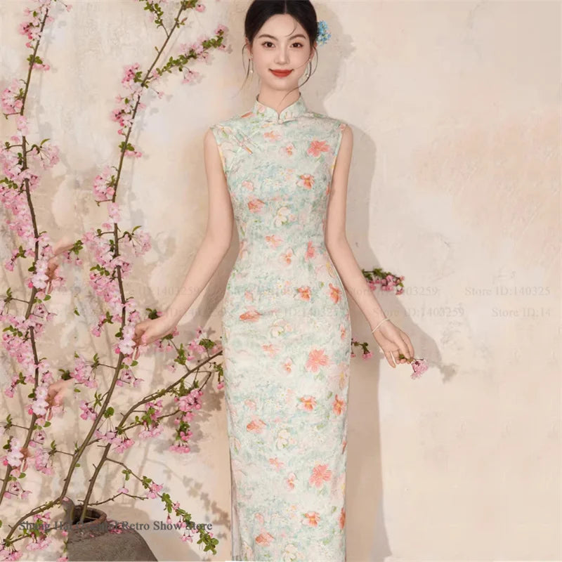 New Chinese Style Satin Cheongsam Traditional Clothing Retro Elegant Print Floral Women Long Qipao Chinese Dress Sexy Vestidos