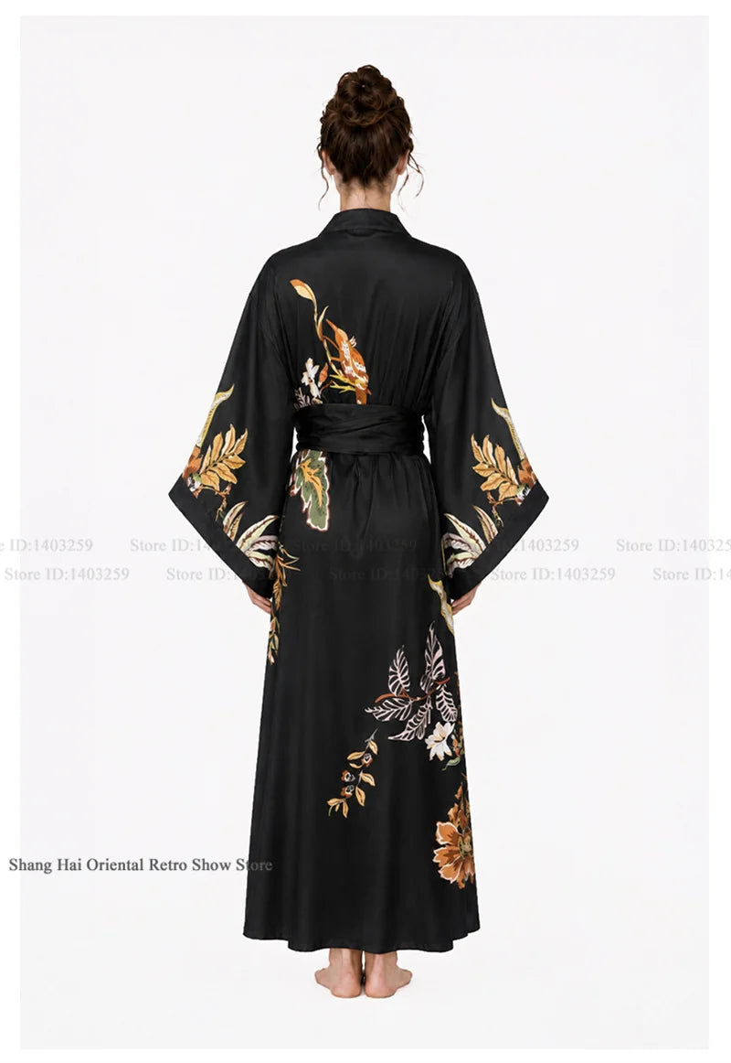 Print Flower Female Long Robe Big Sleeve Kimono Bathrobe Gown Spring Summer Silk Satin Sleepwear Night Dress Loose Homewear