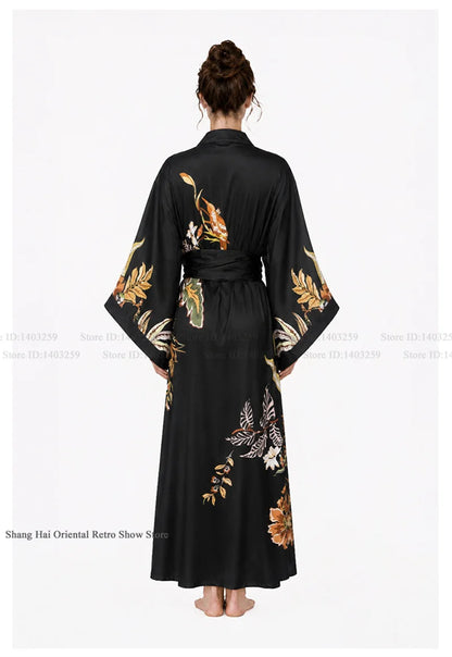 Print Flower Female Long Robe Big Sleeve Kimono Bathrobe Gown Spring Summer Silk Satin Sleepwear Night Dress Loose Homewear