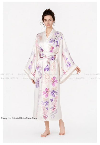 Print Flower Female Long Robe Big Sleeve Kimono Bathrobe Gown Spring Summer Silk Satin Sleepwear Night Dress Loose Homewear