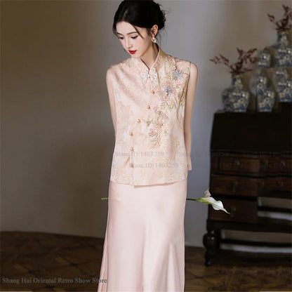 New Chinese Style Women Costume Vest Qipao Set Retro Jacquard Embroidery Tang Costume Silky Satin Waistcoat Dress Evening Dress