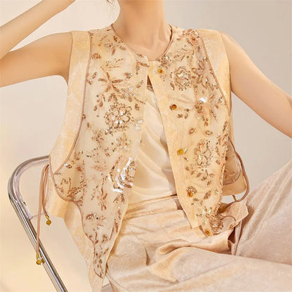 New Chinese Style Women Vest Traditional Tang Clothes Qipao Tops Luxury Sequin Bead Waistcoat Jacket Sexy Sleeveless Blouse Coat
