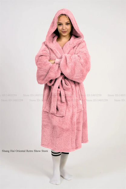 Thicken Coral Fleece Mens Hooded Long Robe Sleepwear Autumn Winter New Nightwear Homewear Loose Casual Flannel Loungewear Pajama