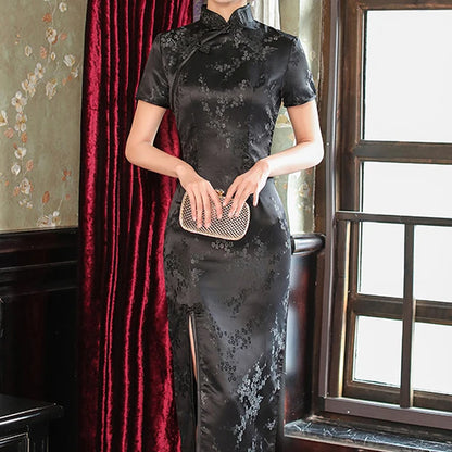 Oversize Chinese Style Dress Vintage Women's Long Qipao Dragon Phoenix Jacquard Satin Cheongsam Hanfu Sexy Slim Brocade Vestidos