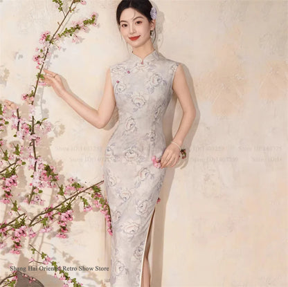 New Chinese Style Satin Cheongsam Traditional Clothing Retro Elegant Print Floral Women Long Qipao Chinese Dress Sexy Vestidos