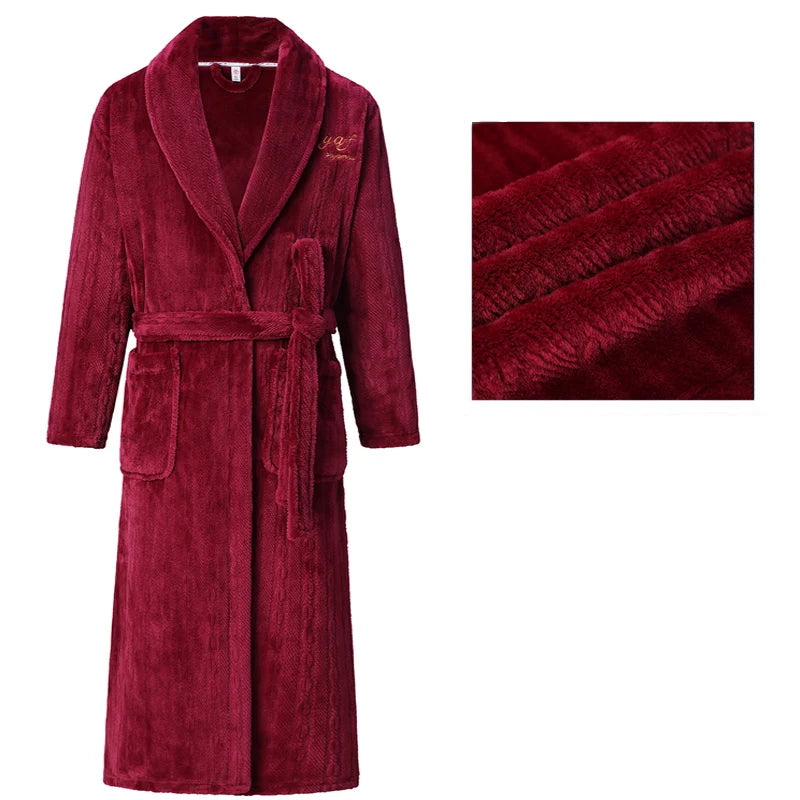 Autumn Winter Flannel Long Robe Couple Thicked Warm Sleepwear Men Casual Bathrobe Gown Plus Size Nightgown Women Loose Home Wear