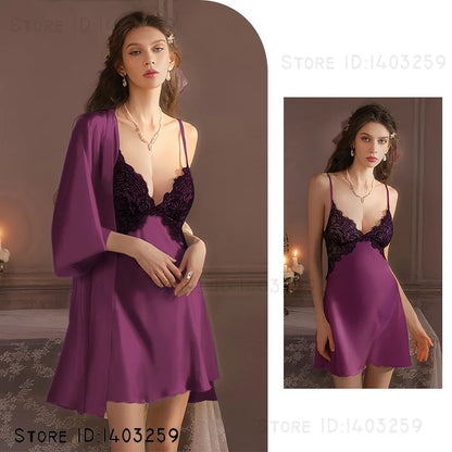 Sexy Female Long Robe Nightgown Set Kimono Bathrobe Gown Patchwork Lace Suspender Night Dress Sleepwear Loose Satin Homewear