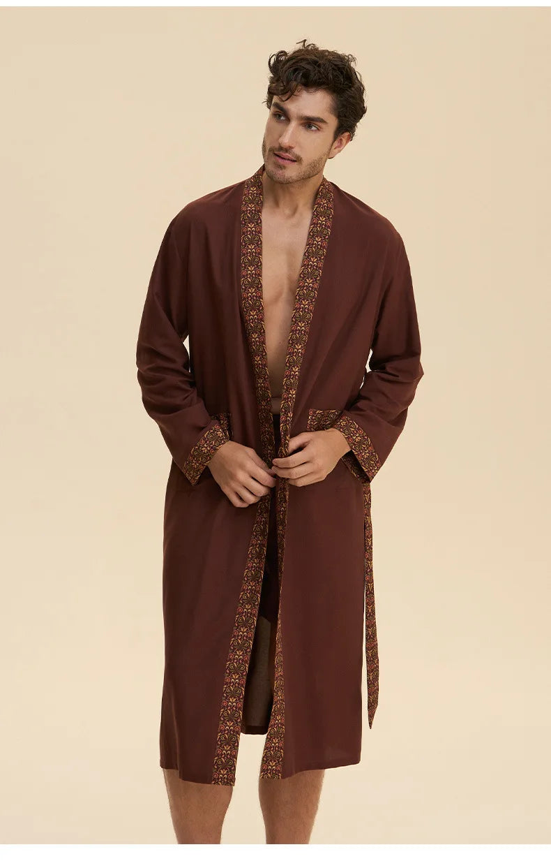 Baroque Style Men's Long Robe Set Pajamas Silky Satin Print Kimono Gown Bathrobe Shorts Pijamas Suit Loose Homewear Lounge Wear